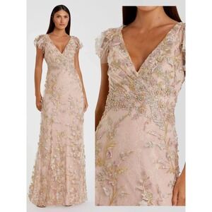NWT Mac Duggal Pink Embroidered Applique Wrap Over Flutter Sleeve Gown - Size 8